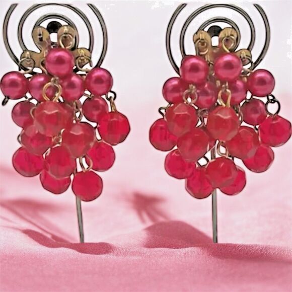Vintage Pink & Red Dangle Clip-On Earrings – 2 Inches Bold Retro Style - Picture 1 of 6